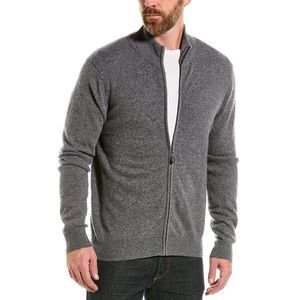 Magaschoni Mens Cashmere Zip Mock Neck Cardigan, Grey